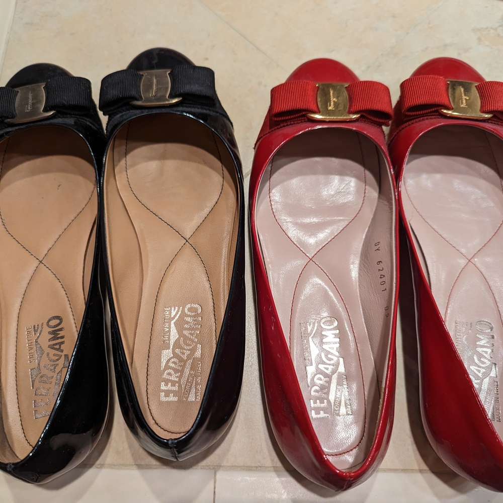 Salvatore Ferragamo Black and Red Flats, Women's 37